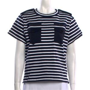 Striped Navy and White Sacai Iconic Crew Neck T-Shirt